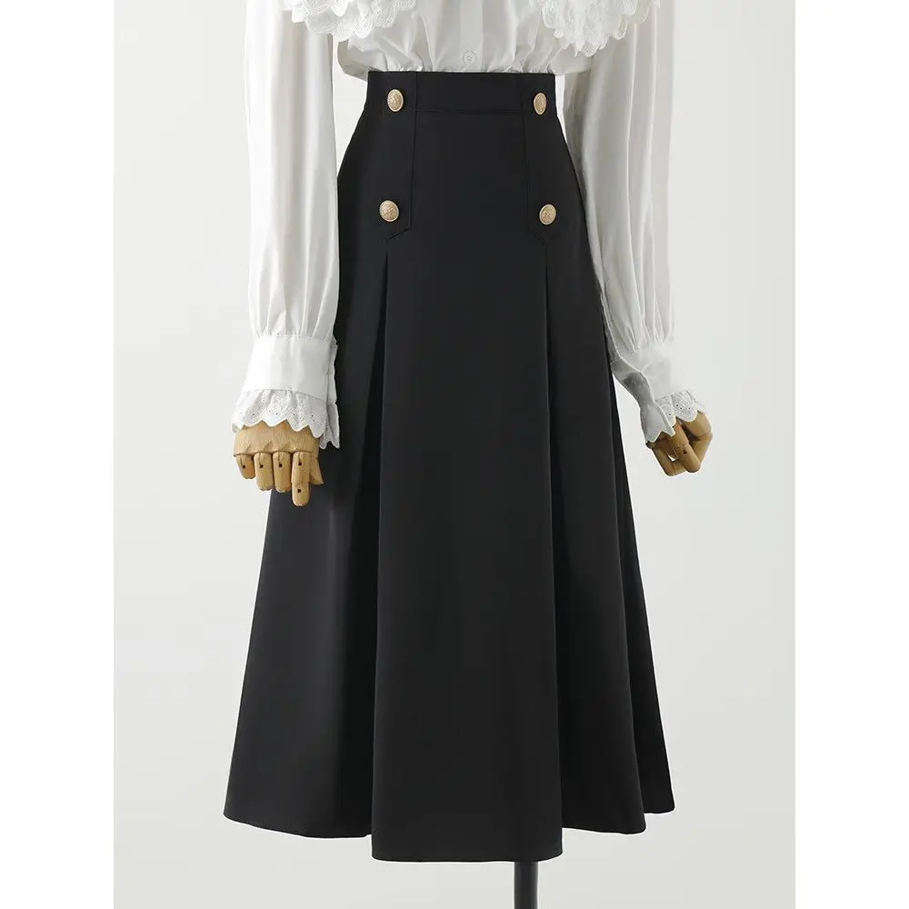 2025 Faldas Mujer De Moda Black Pleates Skirts Women Clothing New Vintage Jupe High Waist A-line Saia Double-breasted Long Skirt