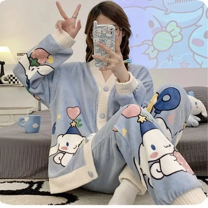 

Sanrio Girl, новый стиль, 2 шт., Cinnamoroll, студенческая модная домашняя одежда, осенние и зимние пижамы, до флиса, можно носить на улице