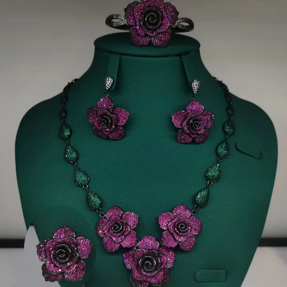 

Zlxgirl Brand rose flower shape necklace earring bangle ring jewelry sets for women wedding CZ zircon bridal bijoux