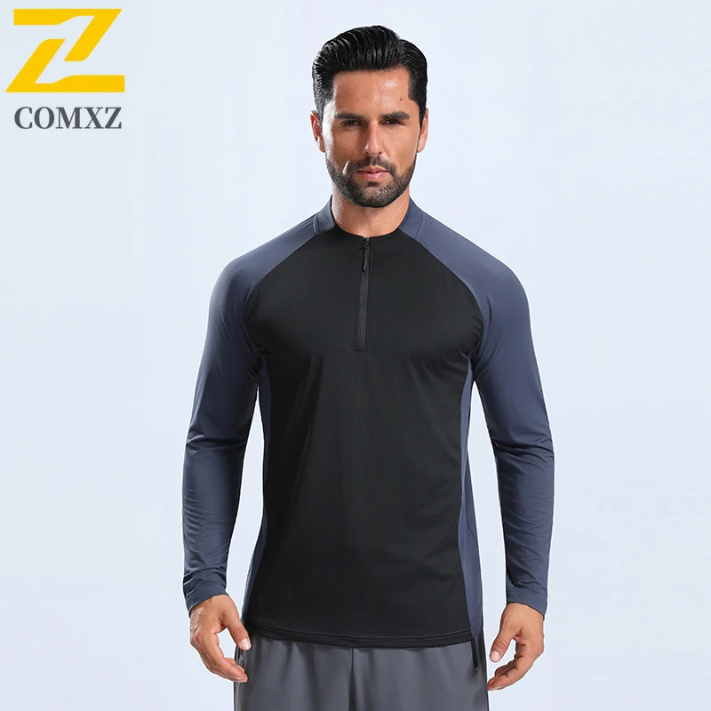 

COMXZ Spring Autumn Zip Quick Dry Stand Collar Long Sleeve T Shirt Men 2025 Track Sport Top Men Running Fitness Training Shirt