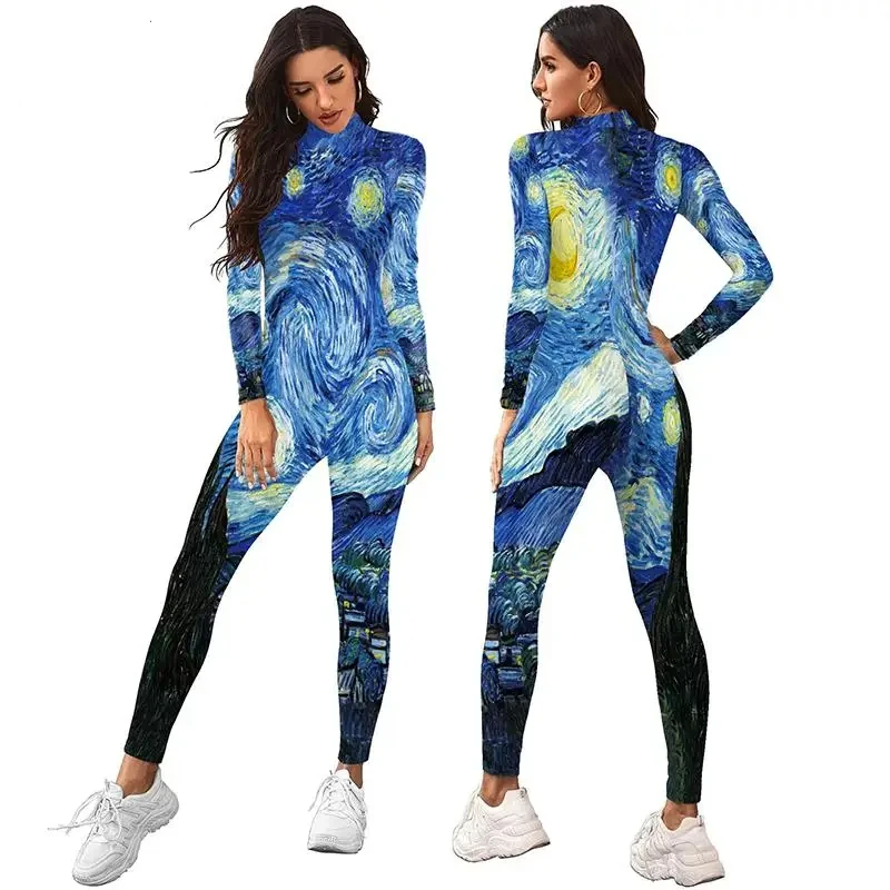 

New Women Printed Jumpsuits Van Gogh Star and Moon Night Painting Slim Catsuits Cosplay Costume Long Sleeve Bodysuit 2024