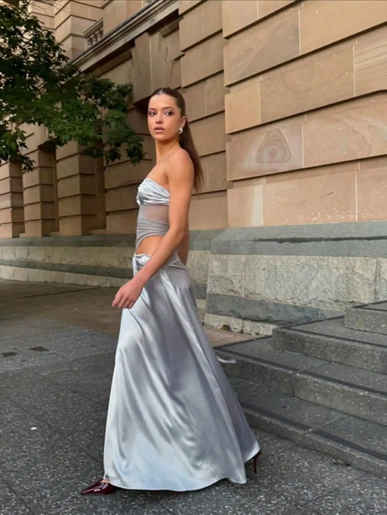 Evening Gown:New Strapless Sheer Mesh & Satin Gown - Sexy Cut-Out Waist, Slim Fit Formal Dress