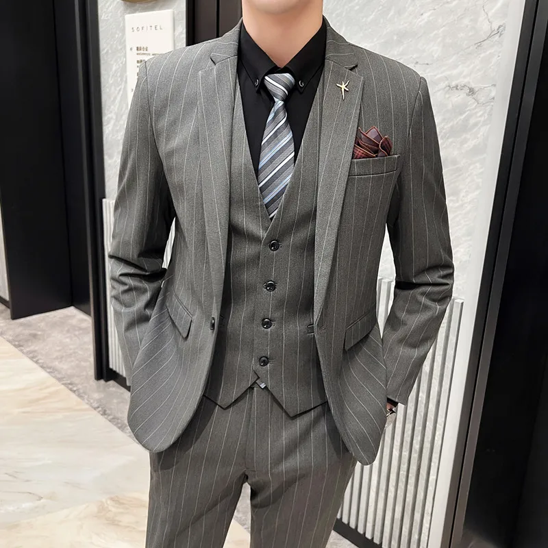 High Quality 2024 New Men\'s Business Suit (suit + Vest + Trousers) Fashion Wedding Handsome Casual Three-piece Set  Acetate