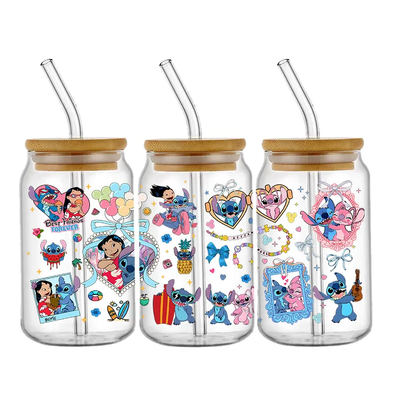 Stitch And Lilo UV DTF Cup Wrap 16oz Libbey Glass Can DIY Sticker Selfadhesive Washable Transfer Stickers Durable Glass Decals