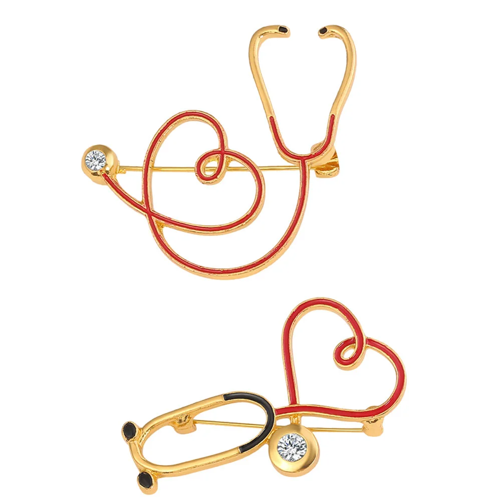 2Pcs Stethoscope Brooch Heart Shape Cartoon Alloy Drip Oil Doctor Nurse Breastpin Decorative Gift for Graduates