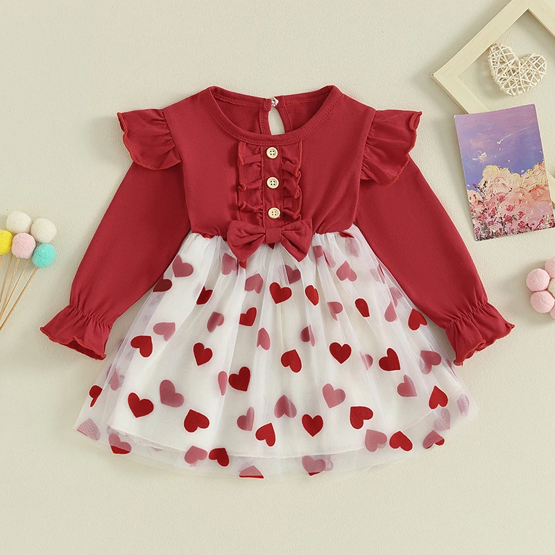 

Toddler Baby Girl Heart Mesh Print 3D Bow Frill Princess Dress Long Sleeve Tutu Dress Spring Fall Valentine's Day Clothing