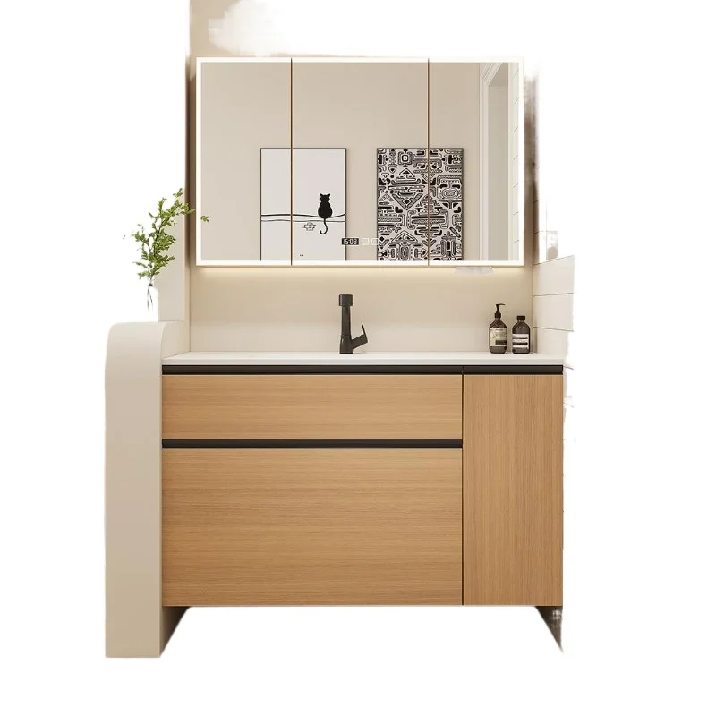 

New Modern Simple Style Ceramic Integrated Basin Hanging Multifunctional Rubber Wood Pull-Basket Storage Bathroom Cabinet