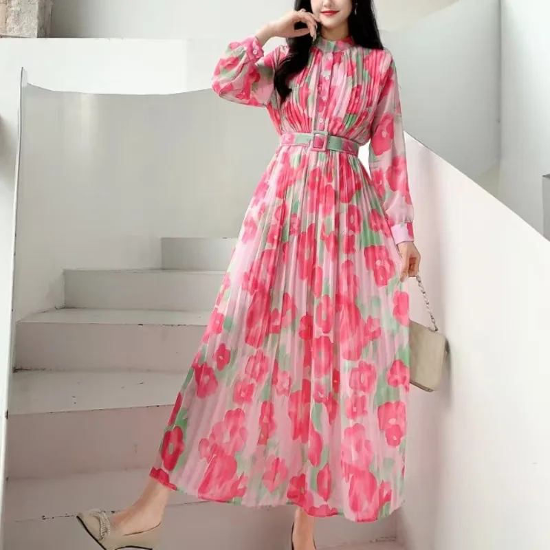 HKSH Primavera Autunno Nuove donne vestono fiore stampato colletto alla coreana maniche lunghe pieghe con cintura abiti eleganti casual francesi HK17034