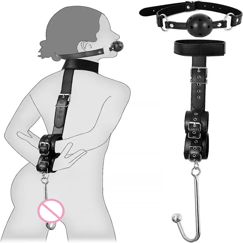 Sex Bondage Collar with Anal Hook Ball Gag BDSM Neck to Wrist Soft Bondage Restraints Kit Anal Ball Fetish Couples Sex Game Tool
