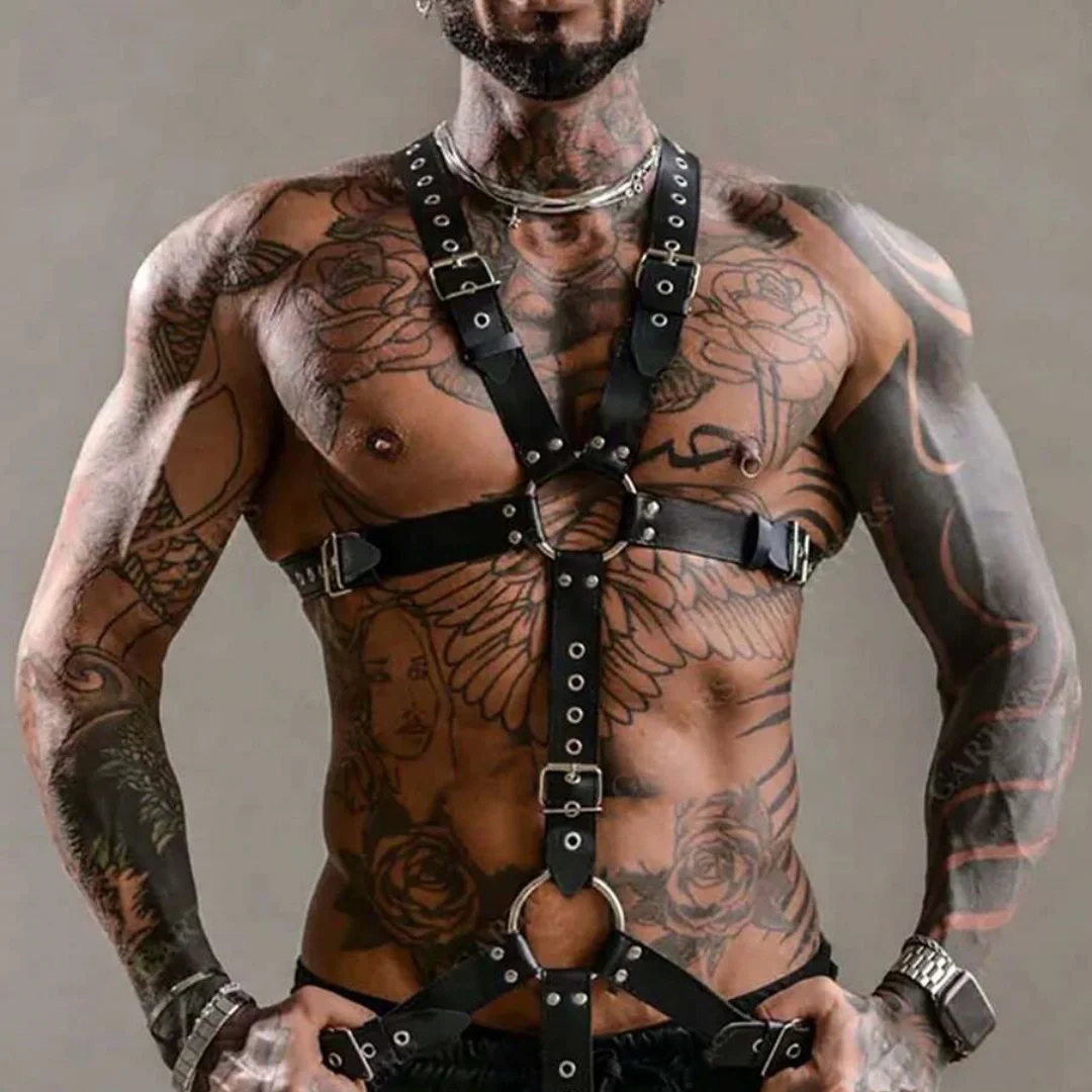 Rompi Kulit Seksi Pria, Lingerie Bondage, Sabuk Harness, Harness Dada yang Dapat Disesuaikan, Sabuk Pengikat Tubuh, Sabuk Eksotis