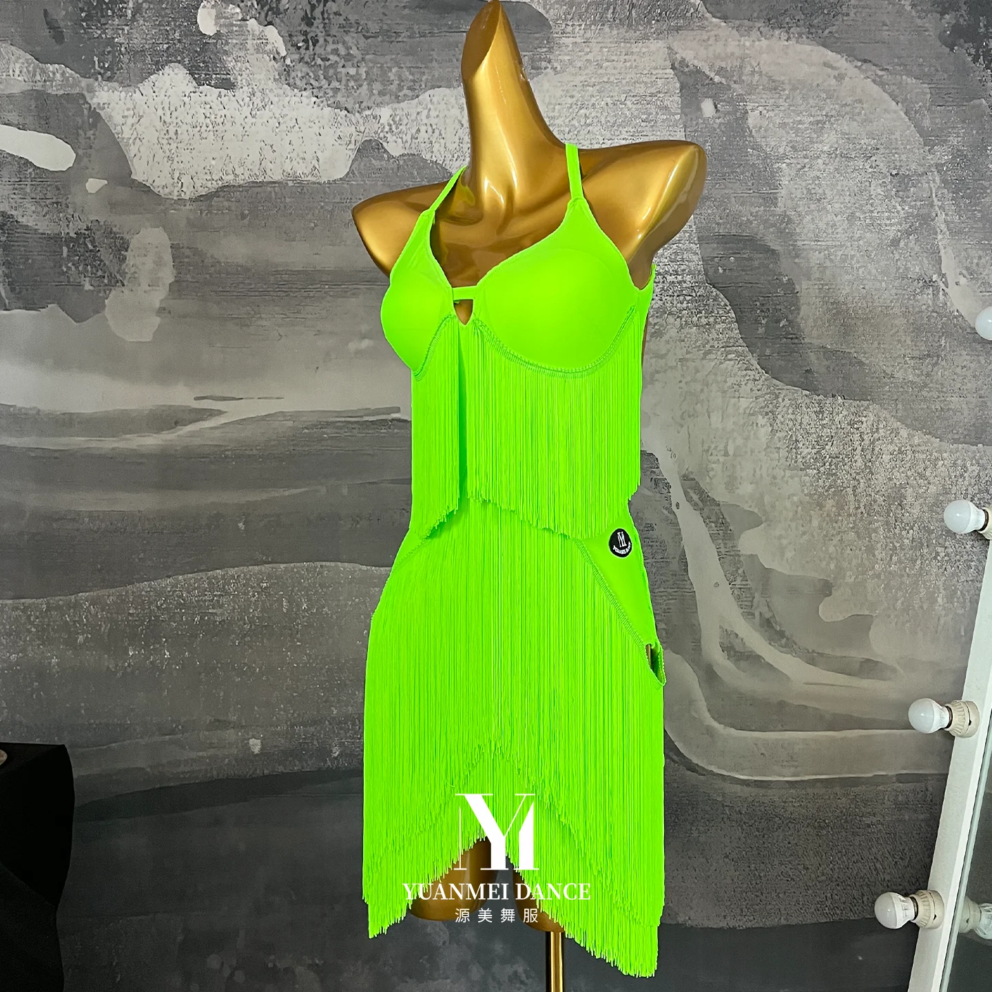 Women Neon Green Latin Dance Costume With Tassel Decoration Custom Dress For Dance Exam Competition Stage Performance Wear