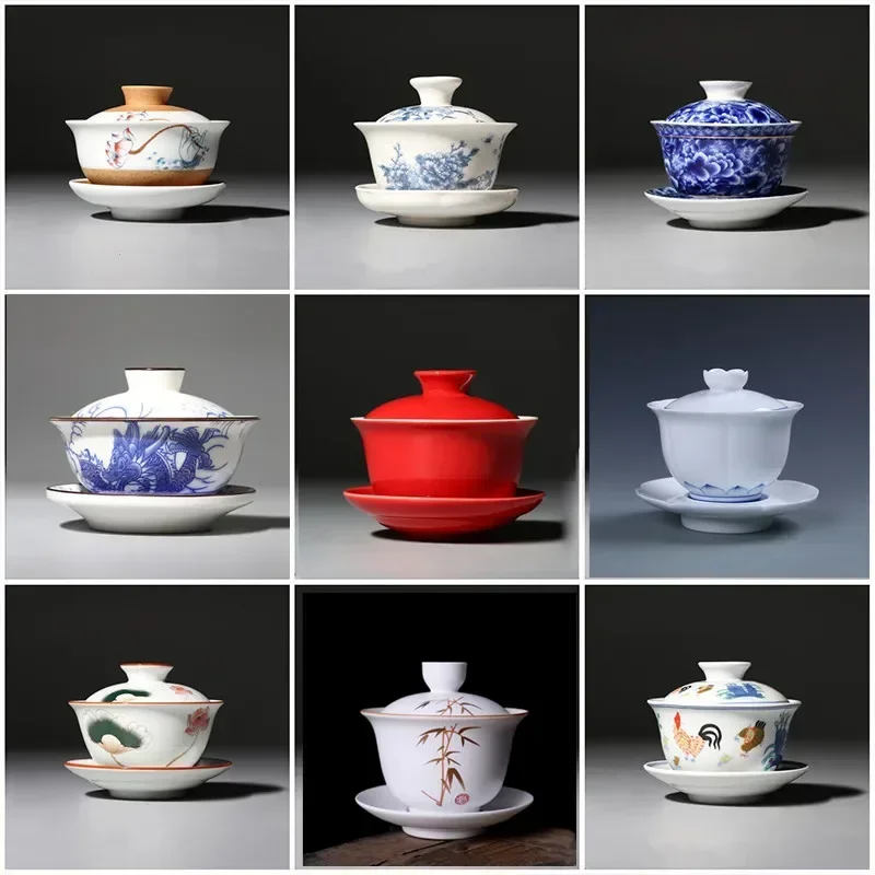 

Jingdezhen-Chinese Gaiwan Tea Bowl, Household Porcelain Cups, Beautiful Teaware Teacup and Saucer Set, Ceramic Drinkware Tureen