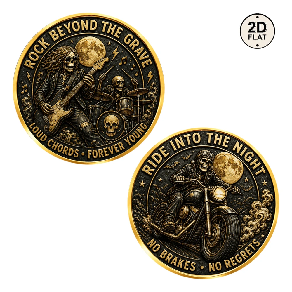 1pc Skeleton Rock Band & Biker Collectible Coin Guitar Drum Motorcycle Metal Token Rocker Biker Gift Party Favor Souvenir Decor