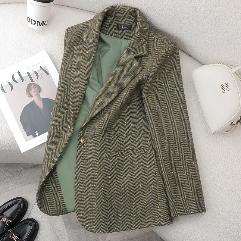 

2025 Autumn Woolen Jacket Women Winter New Coats Long Sleeve Notched Single Button Blazers Feminino Vintage Thick Outerwears