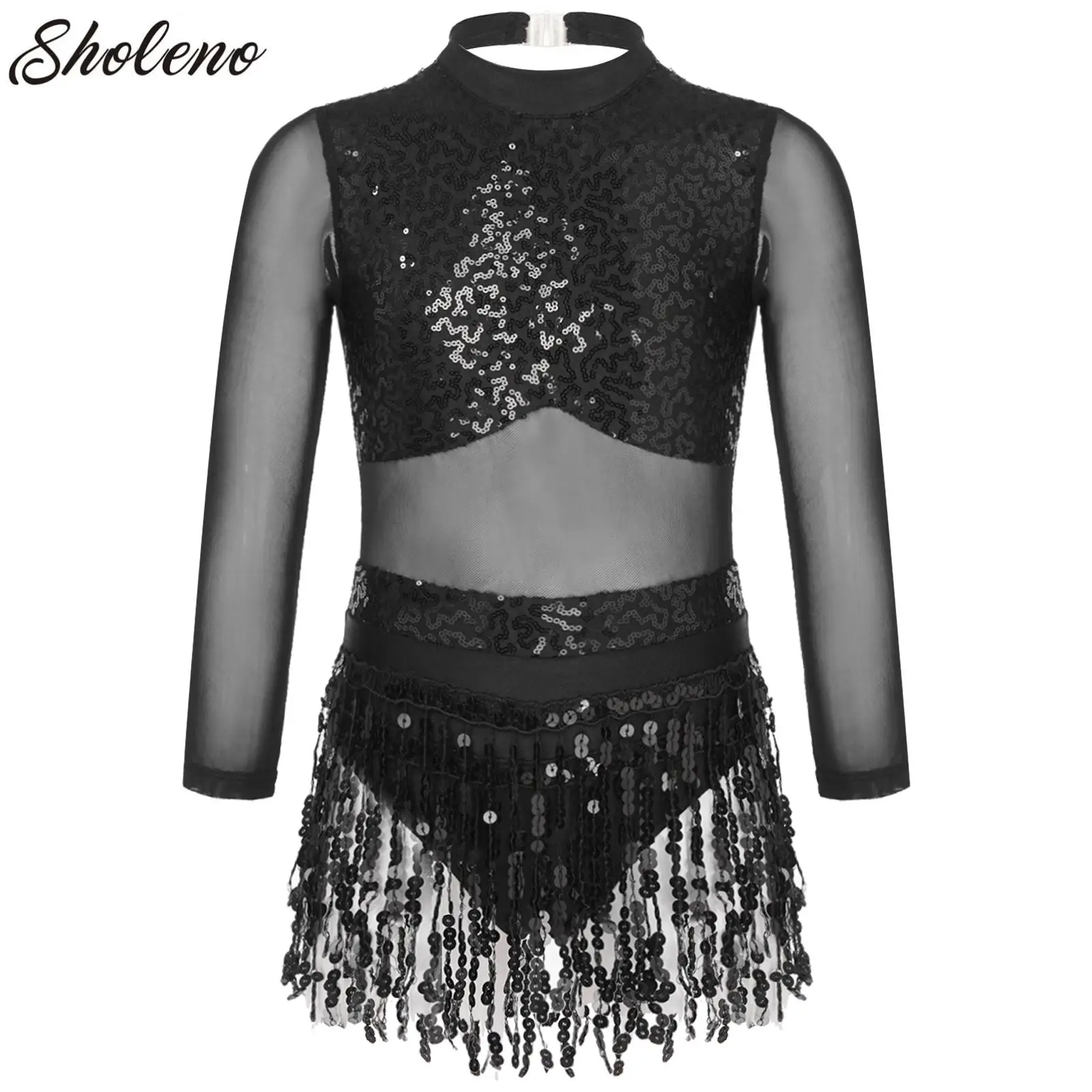 

Girls Latin Dance Leotard Dress Long Sleeve Sequins Tassel Hem Rumba Samba Salsa Tango Dance Costumes Competition Dancewear