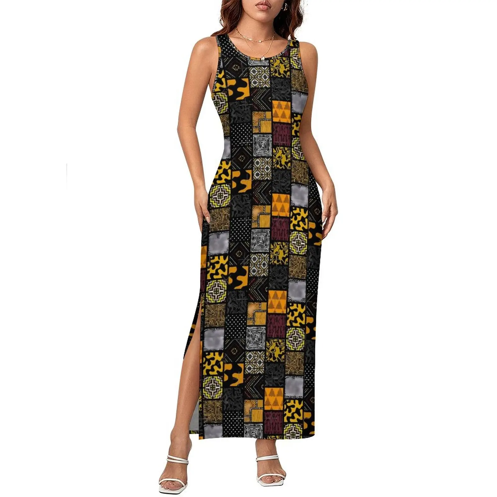 Women Afro Patchwork Print Dress Retro Plaid Streetwear Bodycon Dress Summer Sleeveless Modern Maxi Dresses Graphic Vestido