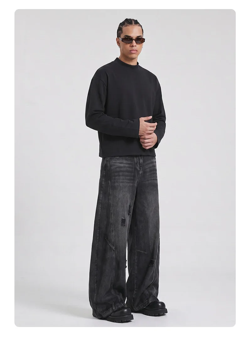 Personalized LOGO custom 350G cotton men's BOXY short and wide half-high neck long-sleeved hem burr sweater