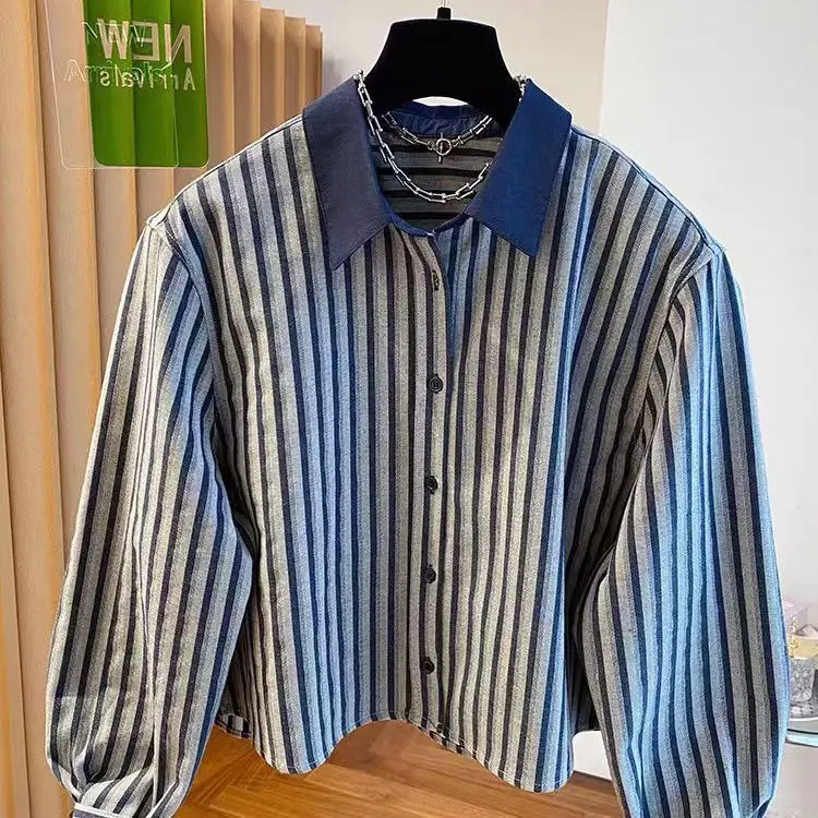 

Retro polo collar striped shirt women's long sleeve new style loose short sleeved collared top spring