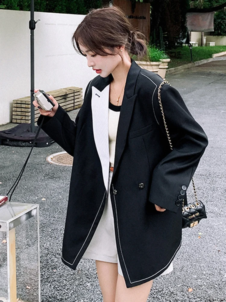 LANMREM Fashion Contrast Color Spliced Blazer Women Notched Collar Long Sleeves Single Button Coat 2023 Autumn New 2AA2393