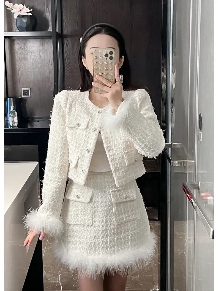 Insozkdg Autumn Winter French Vintage 2 Pieces Sets Tweed Jacket Short Coat Feather Splicing Blazer+High Waist  Mini Skirt Suits