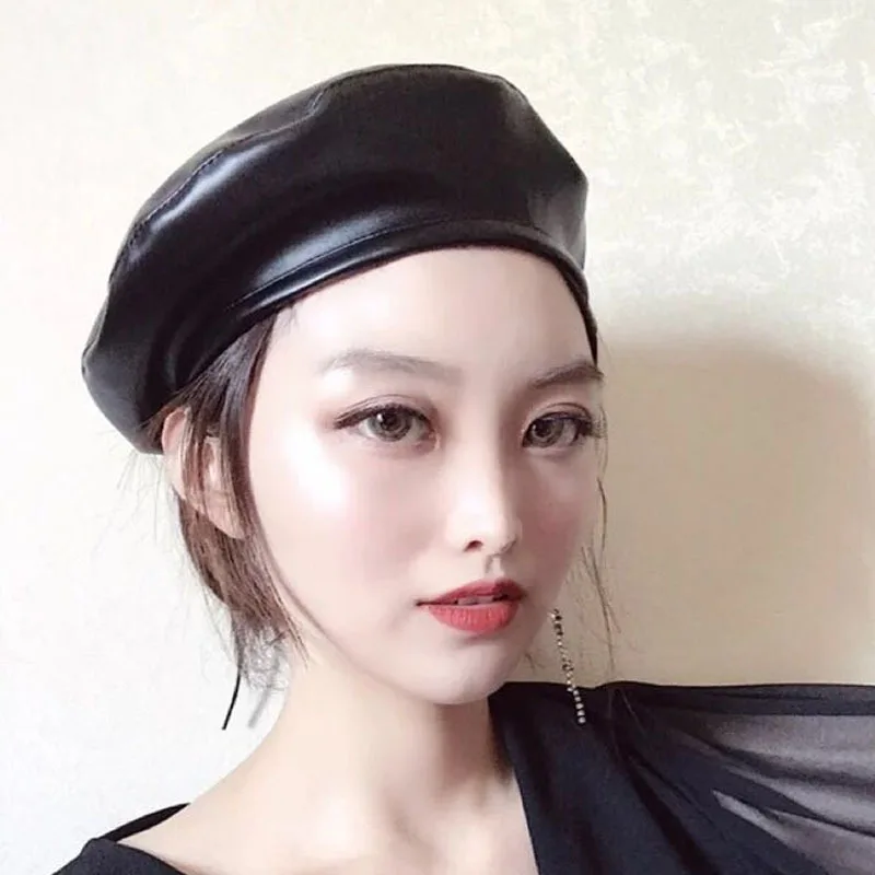 2021 New High Quality Beret Cap Fashion Women Casual PU Leather Beret Hat Solid Color Women Autumn Winter Retro Beanie Caps