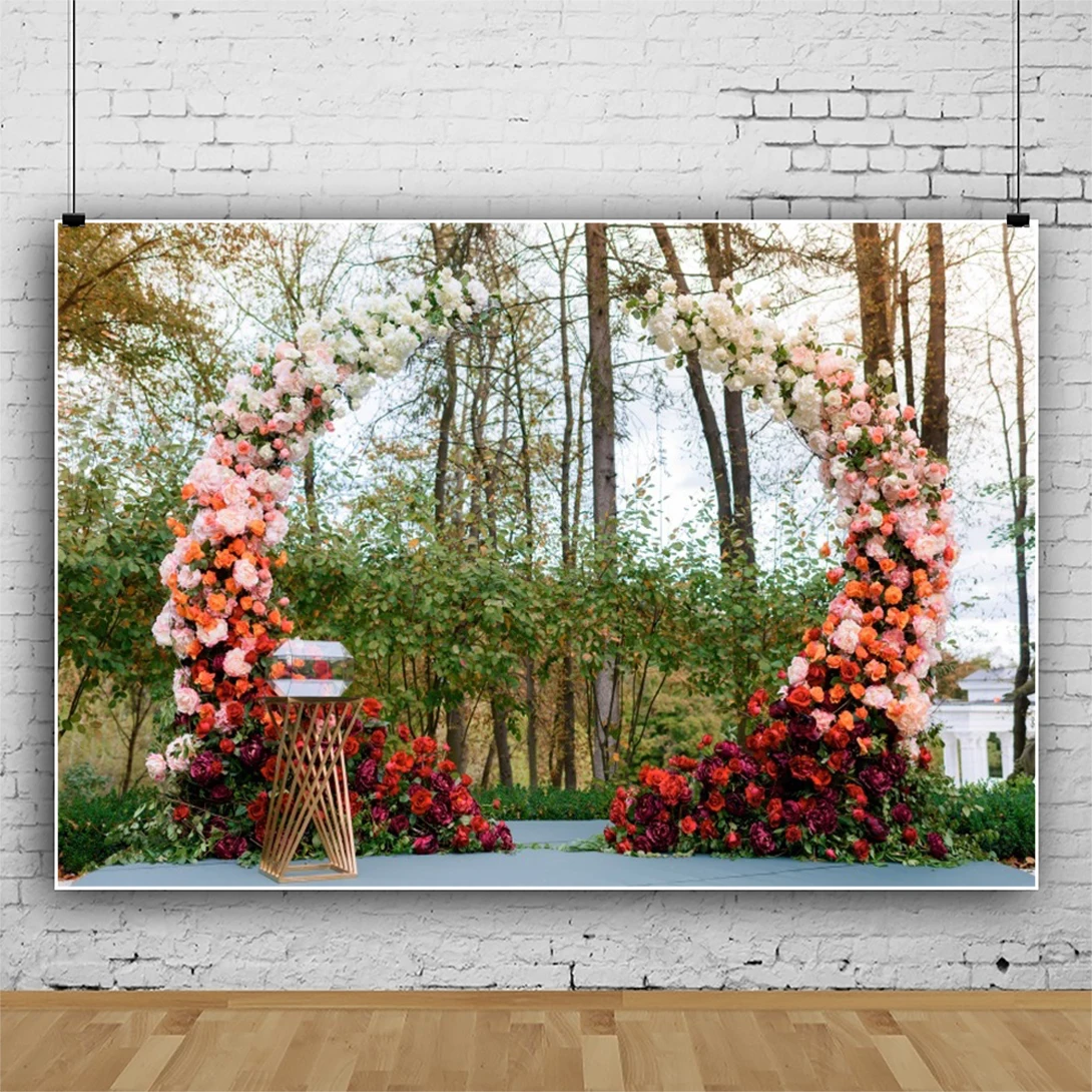 Laeacco Rustic Style Engagement Ceremony Backdrop Wedding Floral Bouquets Arch Decor Couples Portrait Photography Background