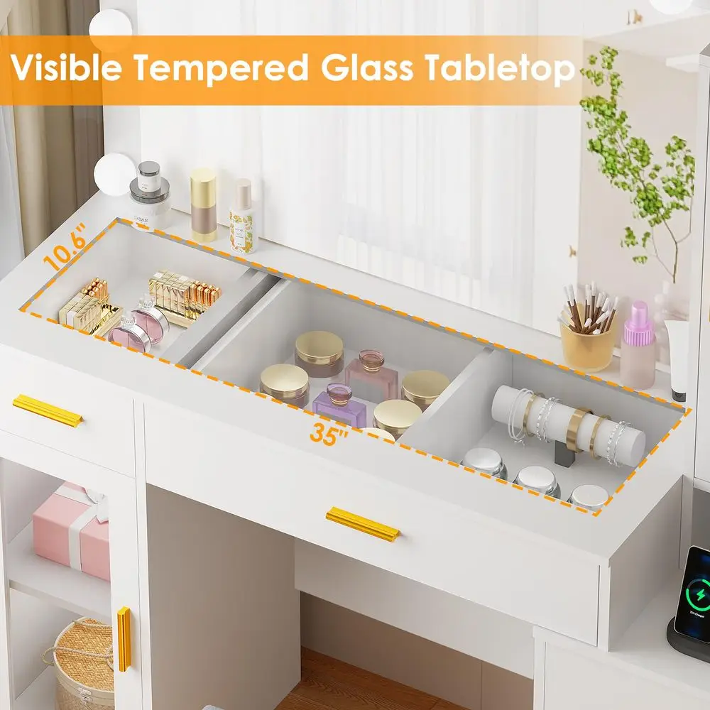49.2 Large Glass Top Vanity Desk with Lighted Mirror and Stool White Makeup Vanity table with Nightstand,Power Outlet,5 Storage