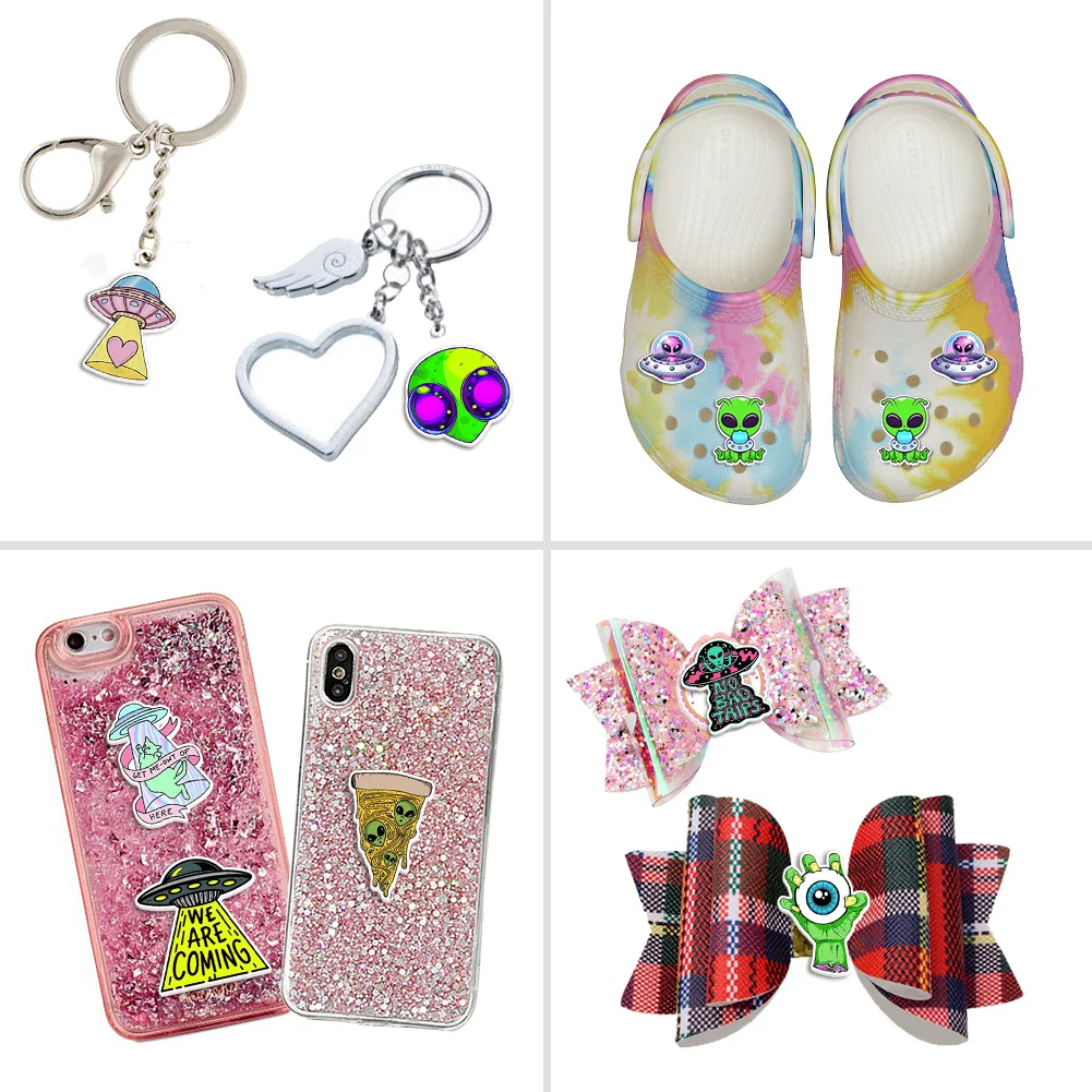 10pcs/lot Alien Spacecraft Resin Planar Transparent Glitter Acrylic Flatback for Badge Hair Bow Keychain Pendant Brooch Badge Pe