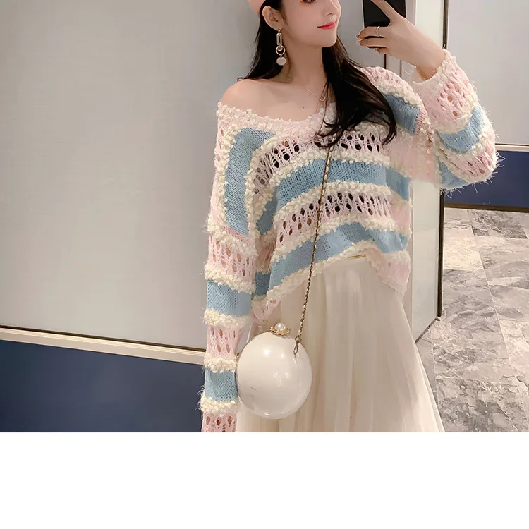 Fashion Pull Femme Striped Hollowed Out Knit Top For Women Spring Summer Sweaters Loose Ladies Long Sleeve Pullover Shirt