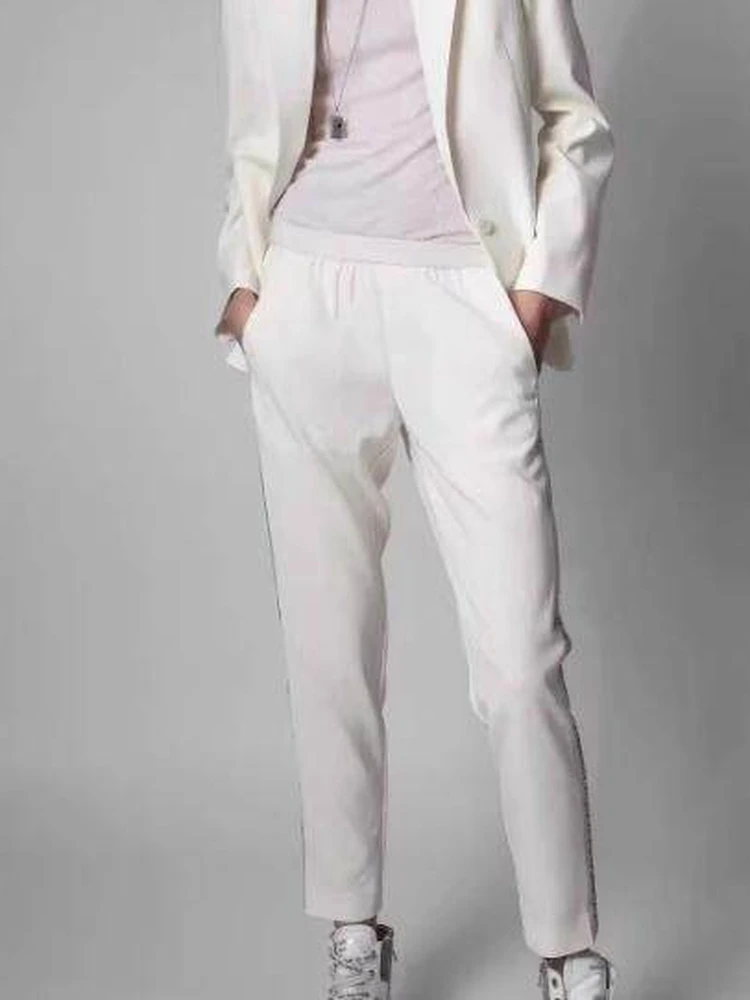 

Slimming Acidic Nine-Piece Casual Pants with Side Letters Weaving Belt Natural Waist Loose Fit Ladies Tapered Pants