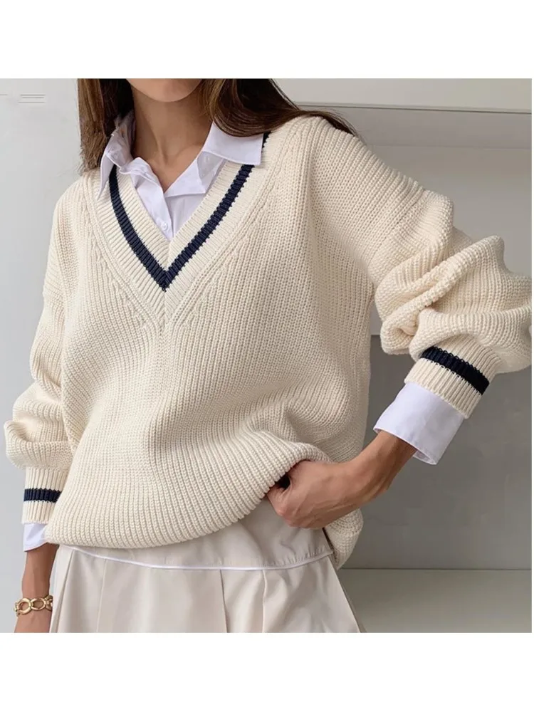 

Women's Elegant Color Blocked V-neck Pullover Fashion Long Sleeves Loose Knitted Sweater Autumn Winter Lady Office Warm Sweaters