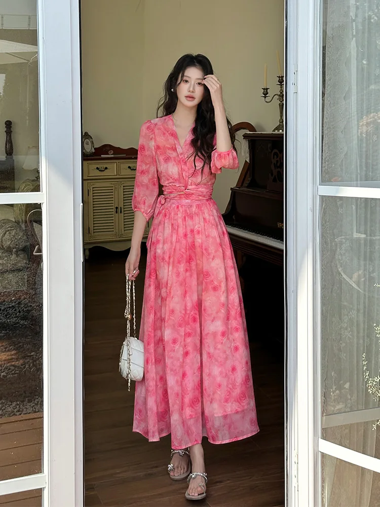 Setelan Chiffon Baru 2025, Rok Dua Potong Lengan Setengah, Musim Gugur, Gaya Boho Floral, Mode Korea, Atasan Pendek Berkerut V-Neck, Rok Panjang