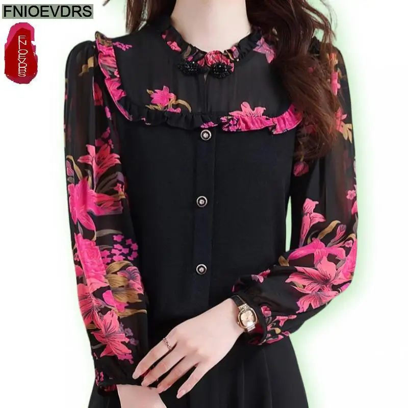 Retro Vintage Ruffles Tops New Design Women Autumn 2024 Fashion Office Lady Elegant Purple Button Basic Shirts Blouses