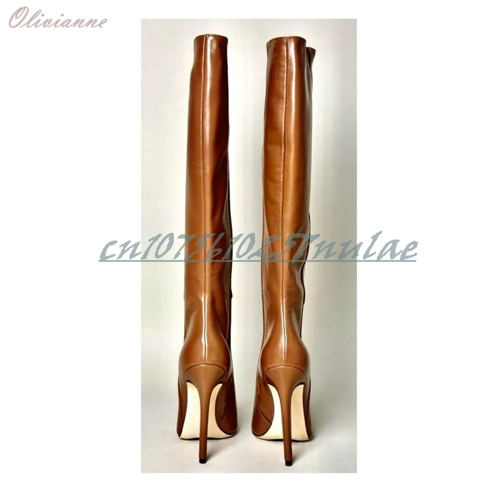 

2025 Autumn New Brown Matte Leather Pointy Mid Calf Boots Zipper Stiletto High Heel Fashion Sexy Women Shoes Zapatos Para Mujere