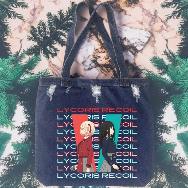 

Lycoris Recoil Anime Nishikigi Chisato Inoue Takina Unisex Denim Tote Handbags Large Capacity Lightweight Satchel Underarm Bags
