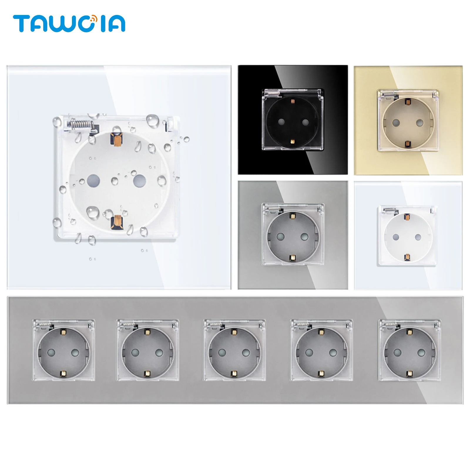 TAWOIA Wall Power Socket EU Standard 16A Waterproof Sockets Glass Panel Outdoor Plug Electrical Outlet Bathroom Double Outlet