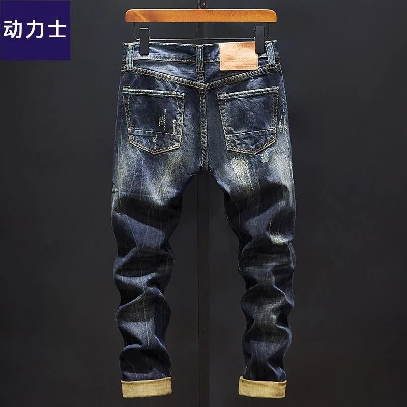 2024 Autumn/Winter New Fashion Solid Color Vintage Ripped Stretch Jeans Men\'s Casual Loose Comfortable High Quality Pants 28-36