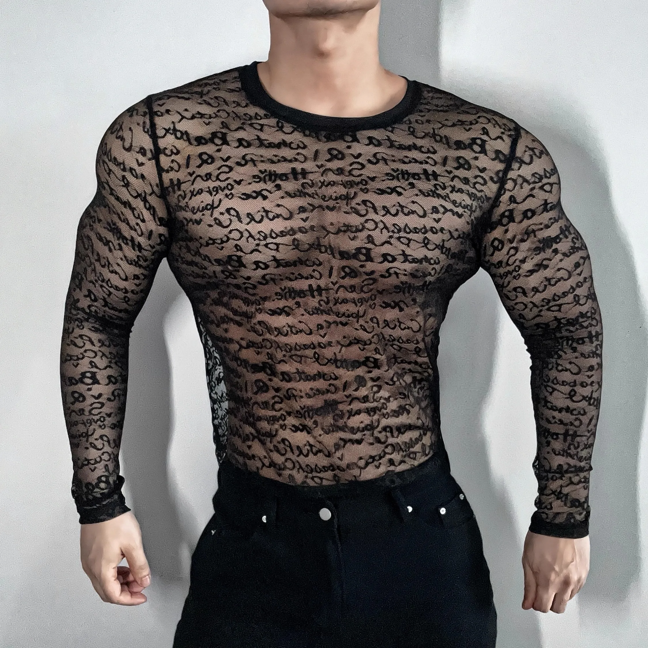 Sexy Letter Mesh Transparent Long Sleeved T-shirt/Sleeveless Vest Men's Quick Drying Sports Base Shirt Fitness Singer Dance Wear