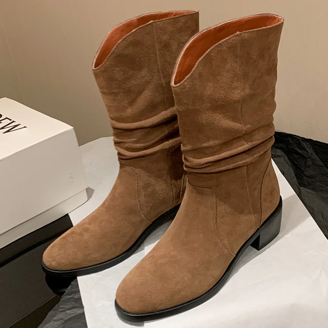 Women's natural suede leather pleated slip-on autumn mid-calf boots round toe casual female western half boots shoes for woman