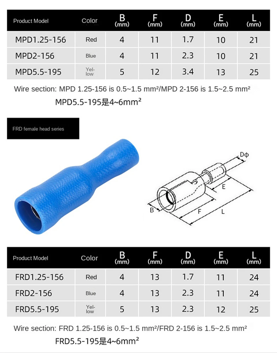 Kugelförmige Anschlussklemmen MPD FRD Elektrische Kabelverbinder Männlich Weiblich Schnellverbinder PVC-Isolierte Crimpklemmen Kabelstecker – Detail 6