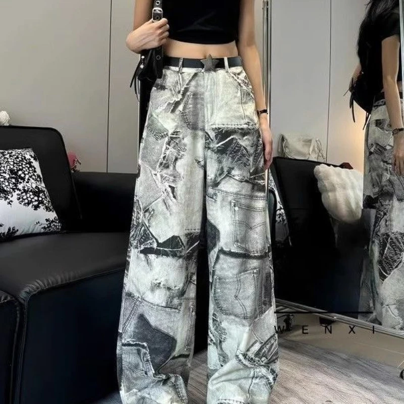 Retro High Street Jeans Women High Waist Loose Personalized Printed Wide Leg Floor Mopping Pants