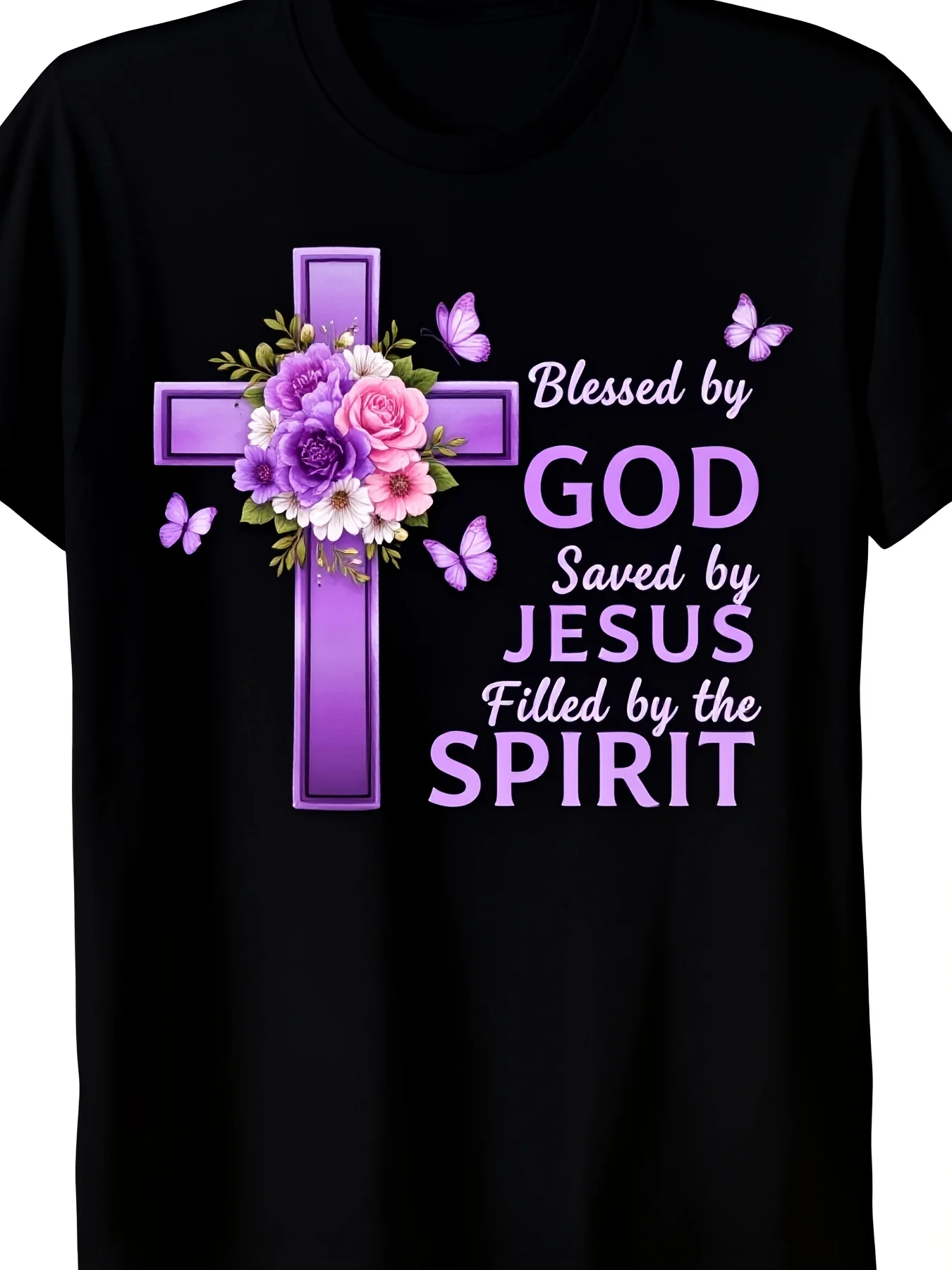 Men'S T-Shirt with Purple Floral Design Made from 180G Soft Knit Featuring a Round Neck Casual Spiritual Theme with Cross Roses and Butterflies Suitable for Machine Washing Ideal Playful Breathable Sweat-wicking and Soft Suitable for Daily Commutes