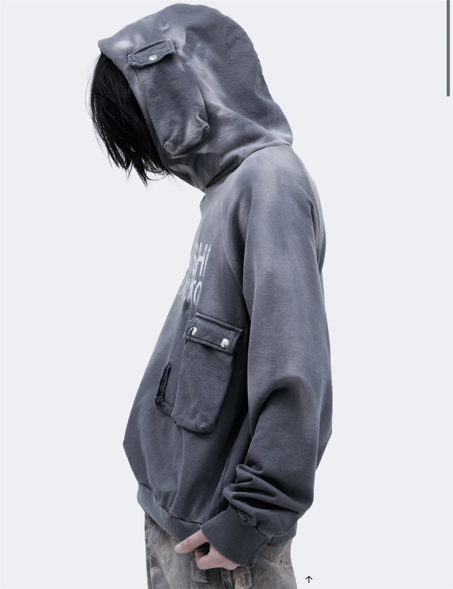 Autumn Winter Satoshi Multi Pocket Hoodie Washed Pure Cotton Vintage High Street Casual Loose Sports Hip-hop Fashion Oversize
