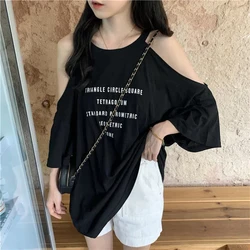 Harajuku Loose Off Shoulder T Shirts Summer New Short Sleeve Letter Printing Hollow Out Casual Tops Fashion Y2K Women Clothing