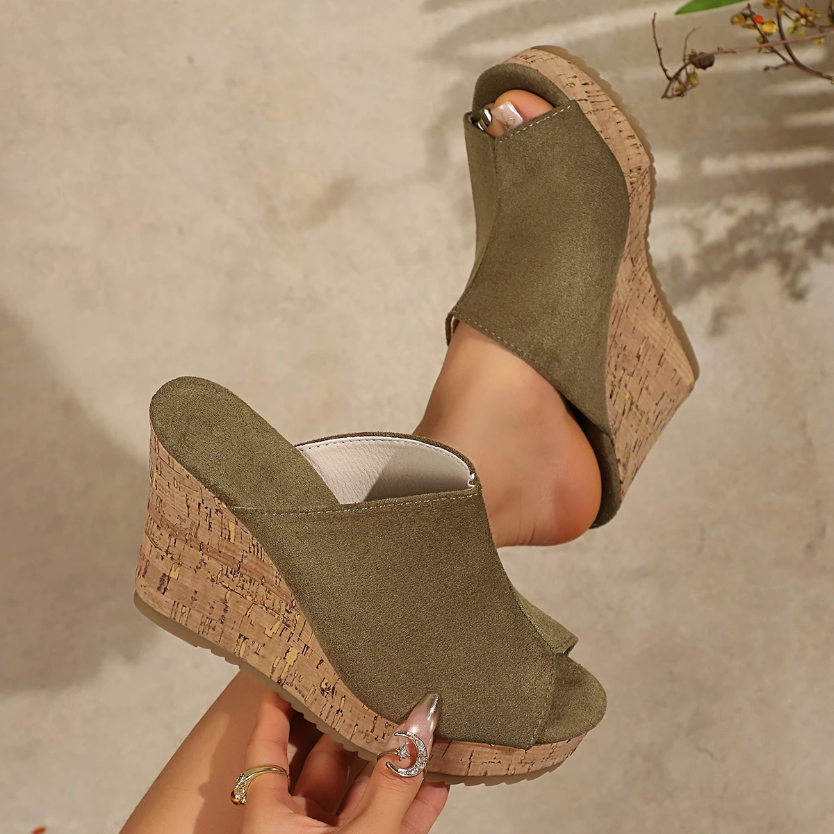 Damen-Sandalen mit offenem Zehenbereich, High Heels, Slipper, solide Retro-Plateau-Sandalen, Sommer, rutschfeste, verschleißfeste Keilschuhe für Damen