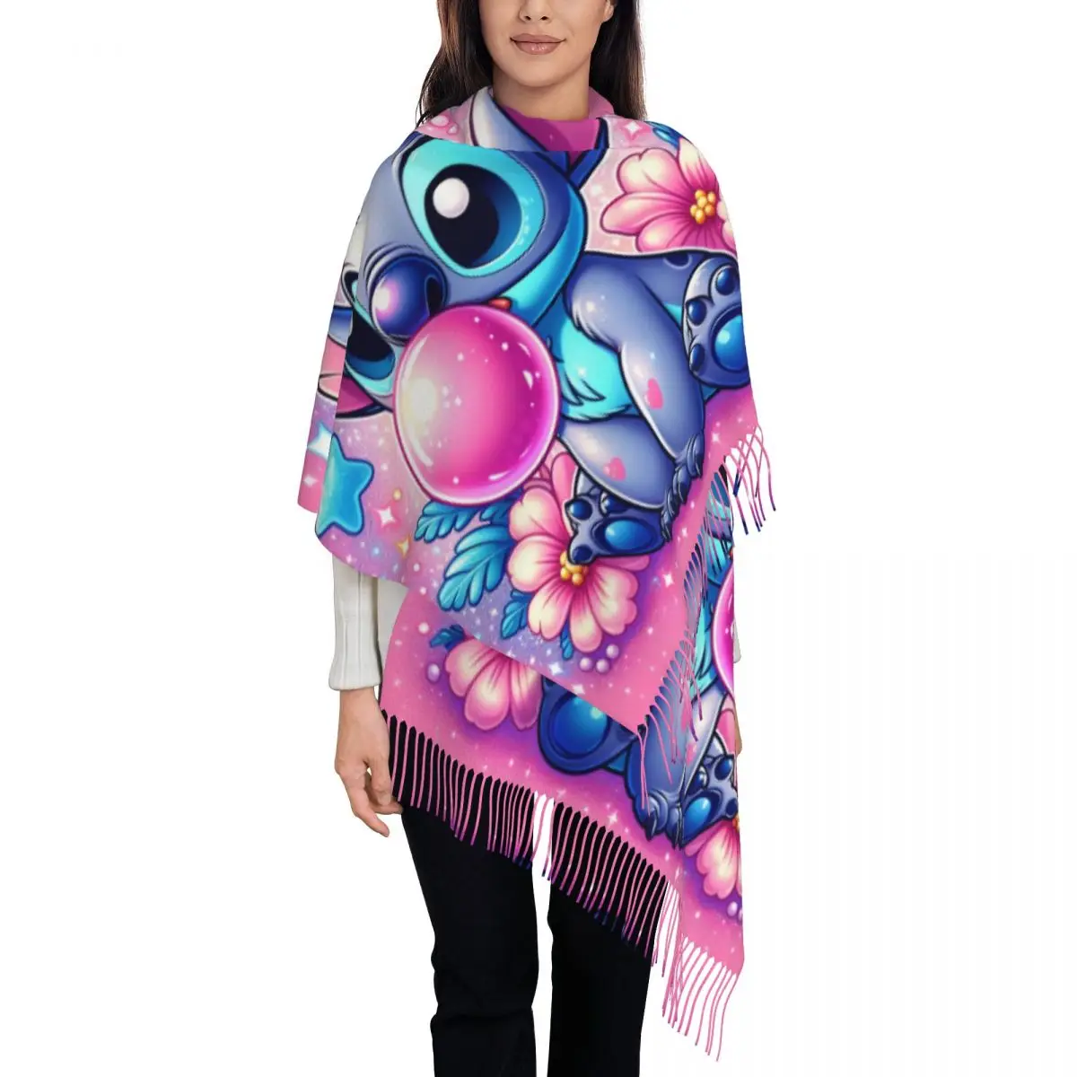 

Custom Female Large Princess And Stitch Scarves Women Winter Soft Warm Tassel Shawl Wraps Scarf