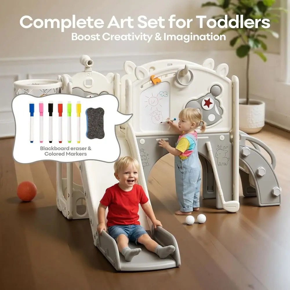 10-in-1 peuterglijbaan 10-in-1 voor kinderen van 1-3 jaar, elandenthema met basketbal en golf, binnen/buiten, beige en grijs (54x62x39in)