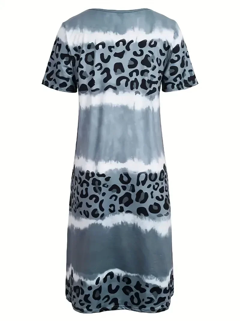 Damska sukienka w rozmiarze 1xL-8XL Plus Size Fashion Casual Dress Sukienka z krótkim rękawem Tie Dye Leopard Krótki rękaw V Neck Lekko rozciągliwa