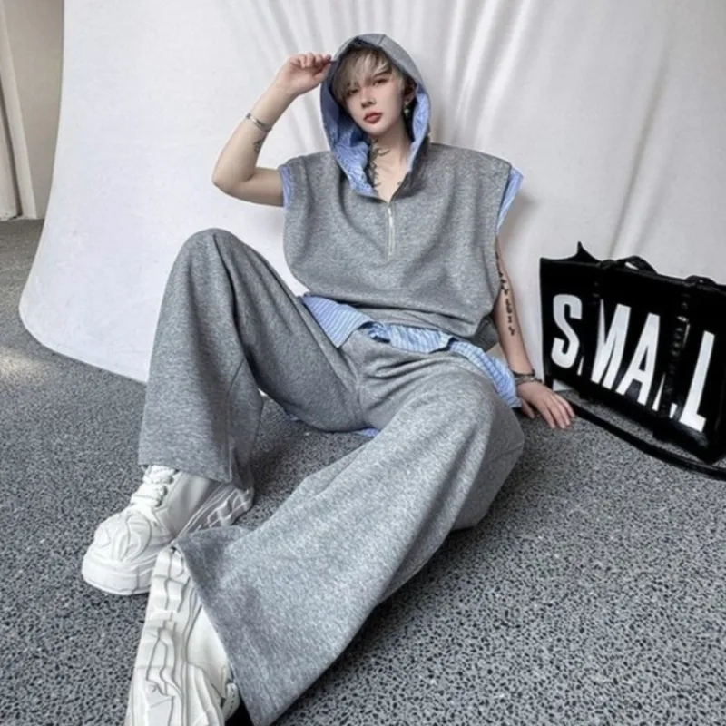 

Мужской летний свободный удобный модный спортивный комплект с имитацией двухслойности, с капюшоном, коротким рукавом и широкими брюками в американском стиле