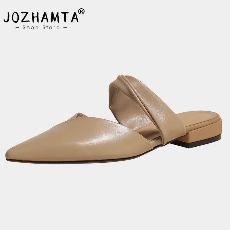 JOZHAMTA Size 34-39 Women Flats Sandals Real Leather Chunky Heels Shoes For Women Pointed Close-Toe Slippers Luxury Ladies Mules